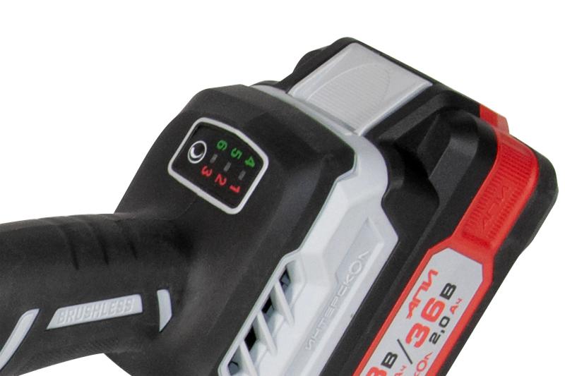 Машина шлифовальная угловая аккумуляторная бесщеточная УШМ-125/36ВМЭ 125мм АПИ 36В 2 АКБ 2.0А.ч ЗУ ИНТЕРСКОЛ 956.2.2.70